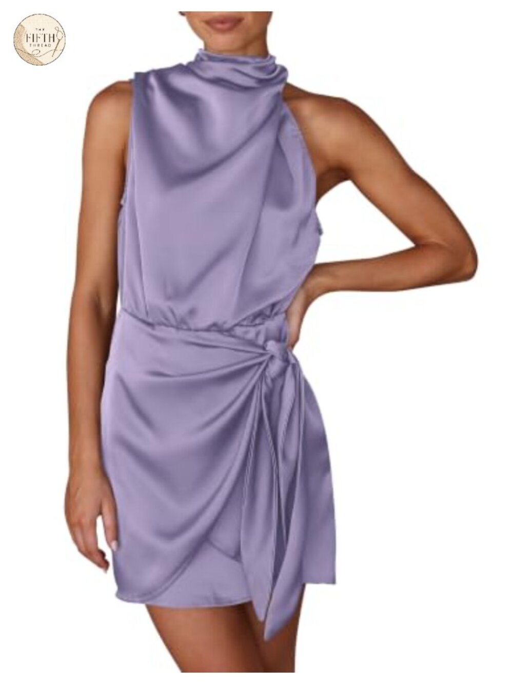 PRETTYGARDEN Women's Satin Short Cocktail Dress Sleeveless Mock Neck Tie Waist